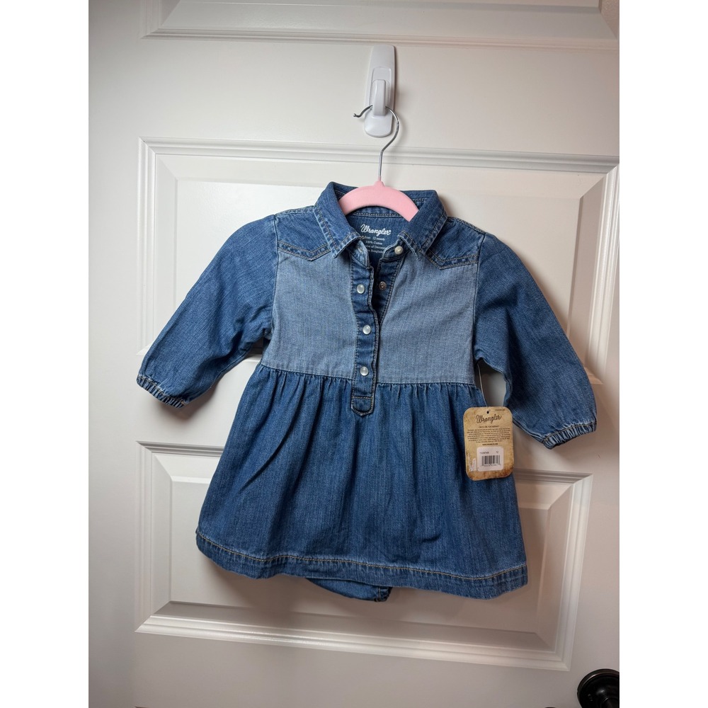 Wrangler Baby Girl 12M Blue Denim Western Snap Dress with Diaper Cover NWT